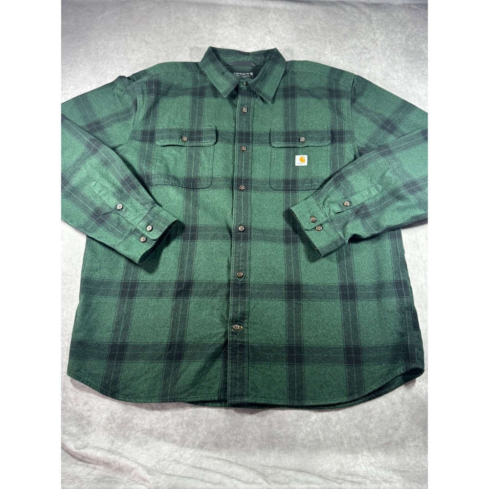 Carhartt Mens XL Loose Fit Flannel Plaid Button Down Shirt Green Black 104451